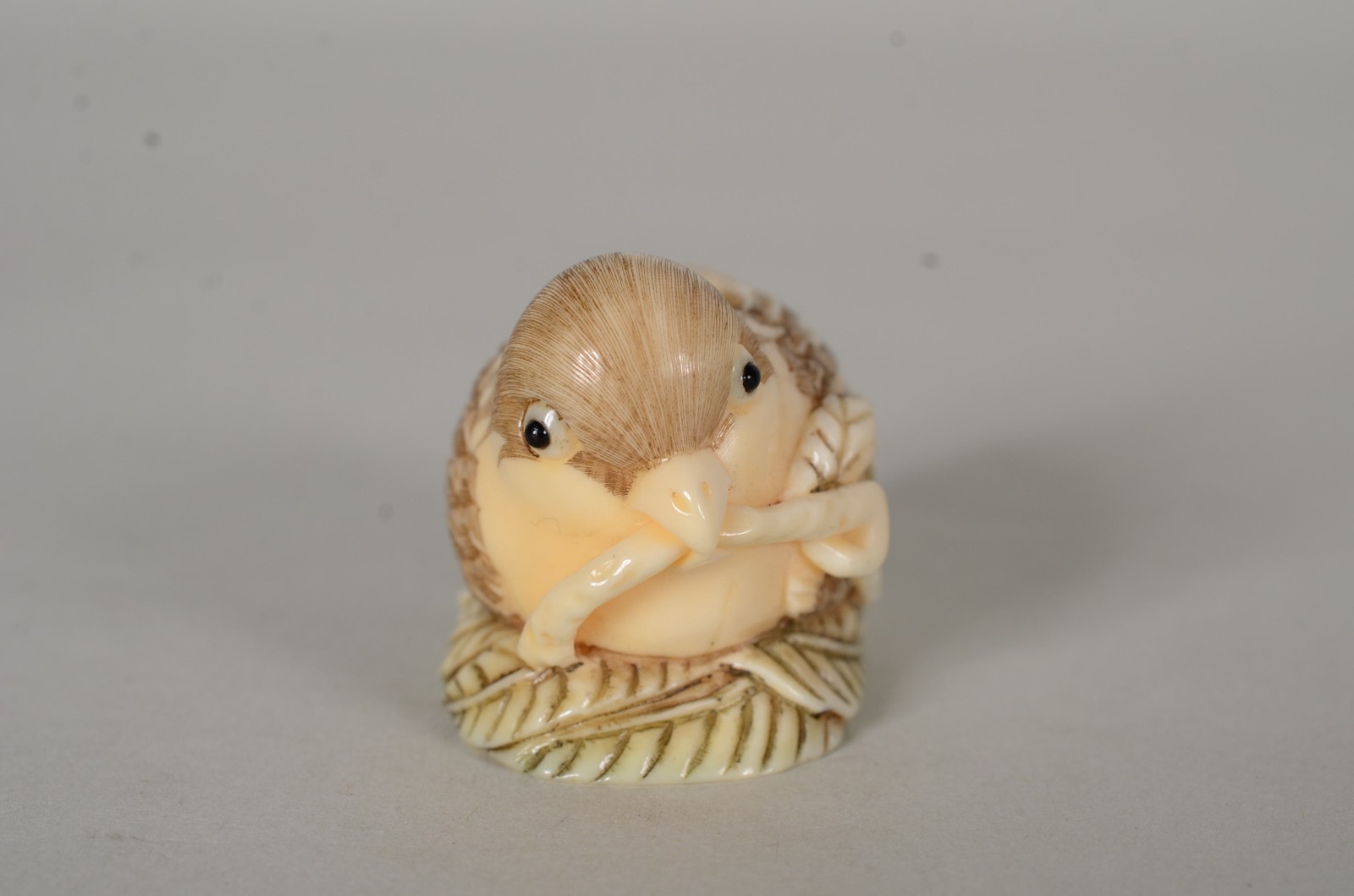 Netsuke de marfim representando pássaro sobre folha, assinado. - foto 3 de 6