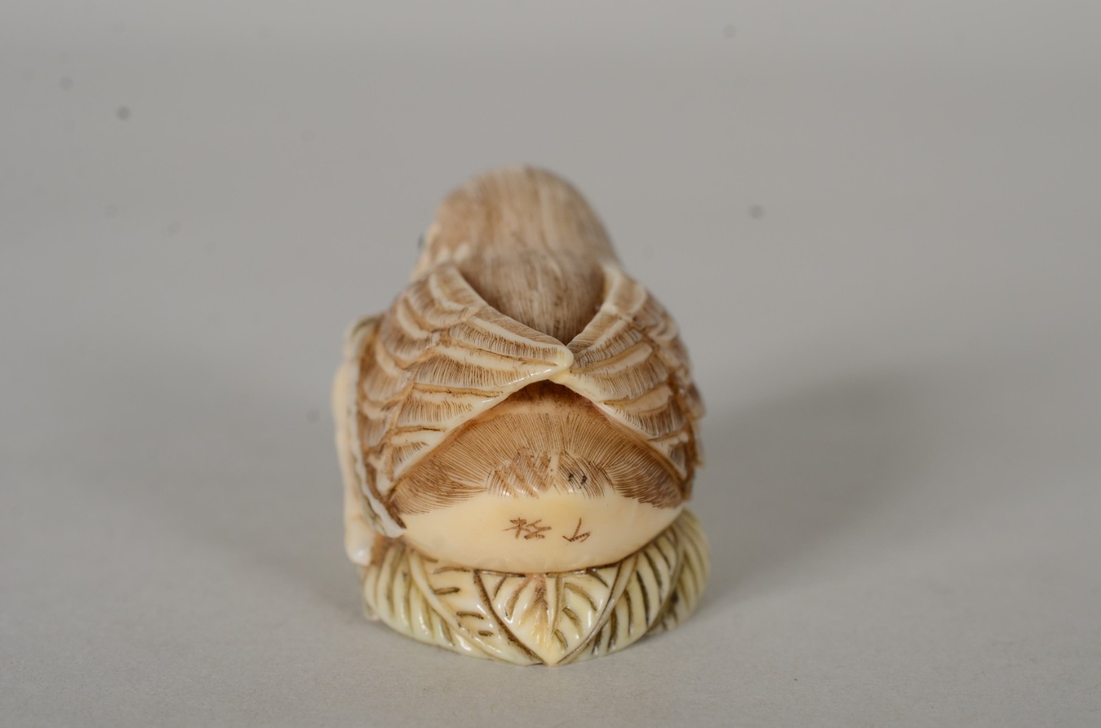 Netsuke de marfim representando pássaro sobre folha, assinado. - foto 5 de 6