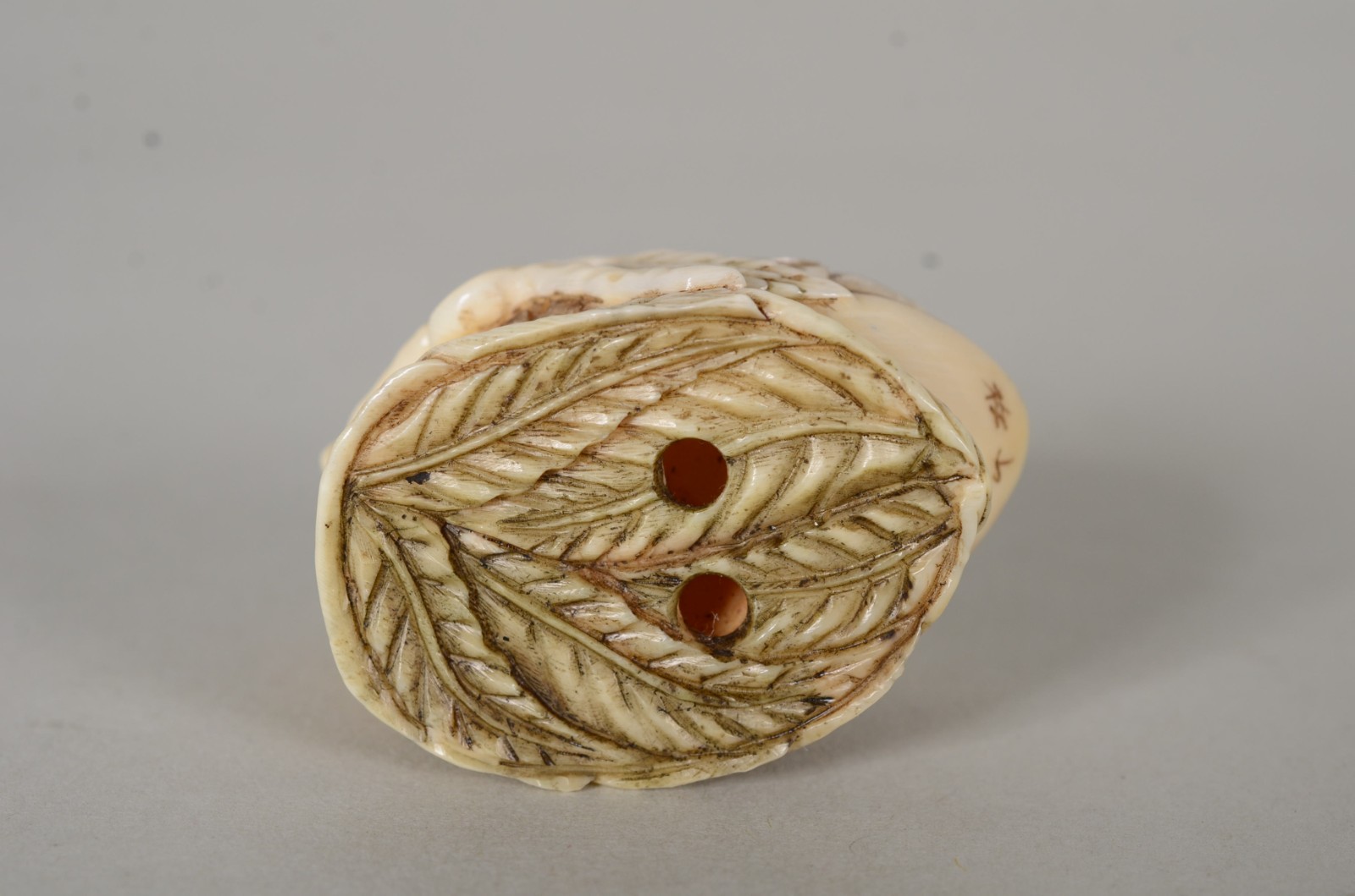Netsuke de marfim representando pássaro sobre folha, assinado. - foto 6 de 6