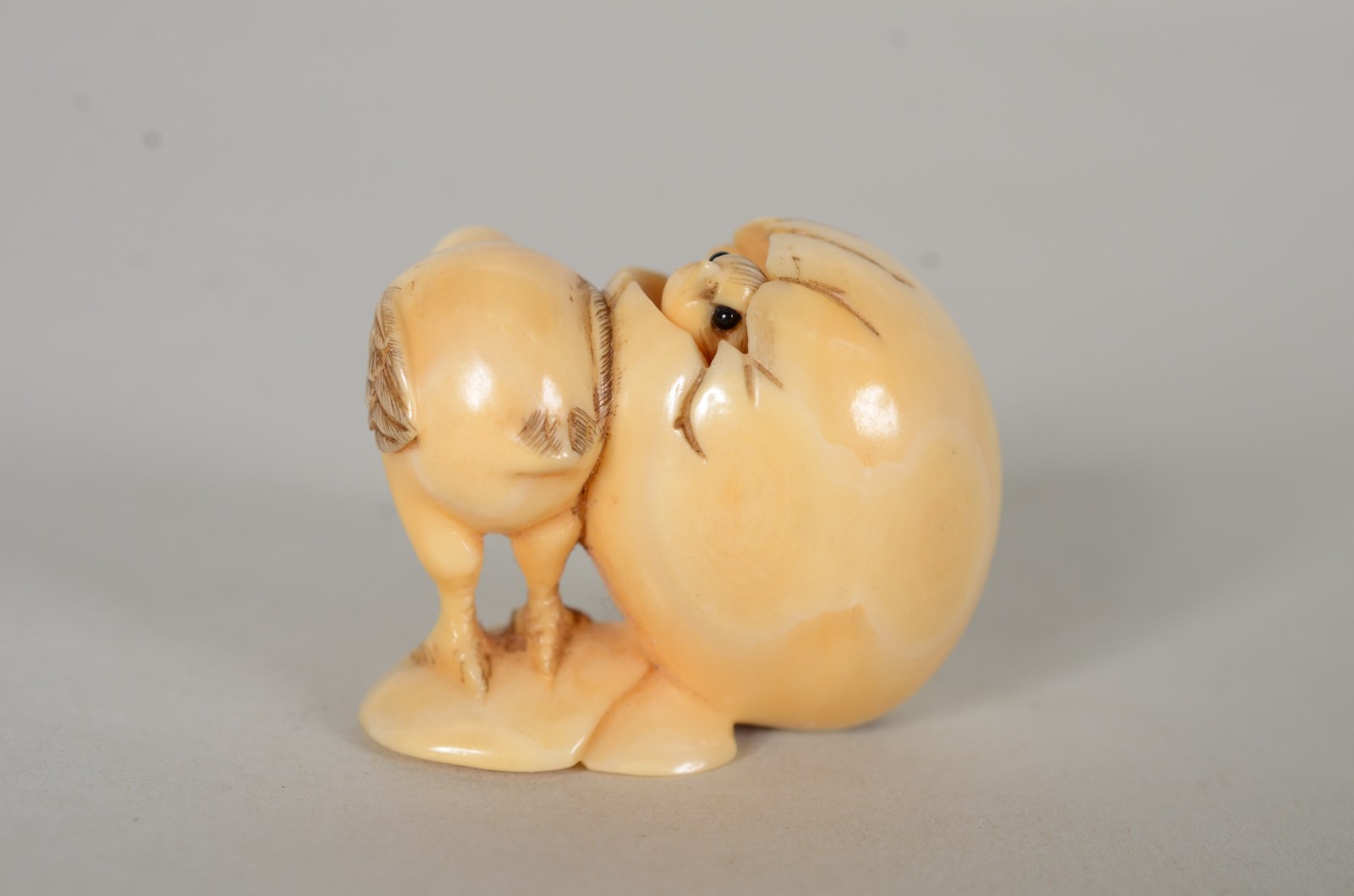 Netsuke de marfim representando pintinhos saindo do ovo. Assinado. - foto 3 de 4