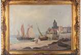 E. Dumont, Veleiros na praia - Óleo sobre tela. Assinado.