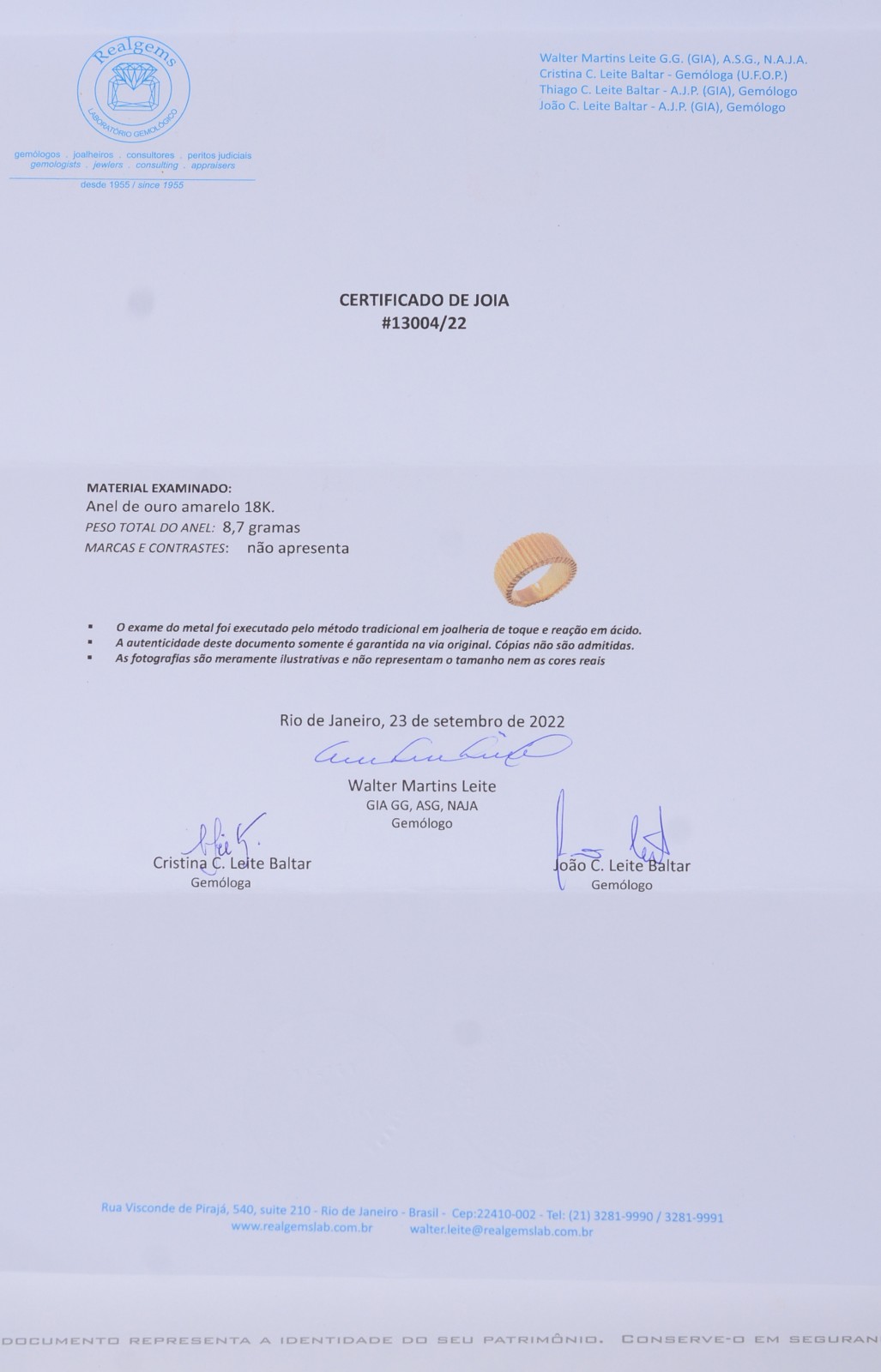 Anel de ouro 18 k., aro 15. Acompanha certificado emitido pelo... - foto 7 de 7