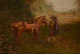 Escola europeia, Paisagem com cavalo e figura - Óleo sobre tela. Assinado.