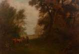Escola europeia, Paisagem com cavalo e figura - Óleo sobre tela. Assinado.