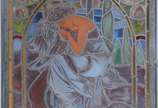 Vitral/basculante representando figura feminina... - Vitral/basculante representando figura feminina em placas de vidro colorido e metal.