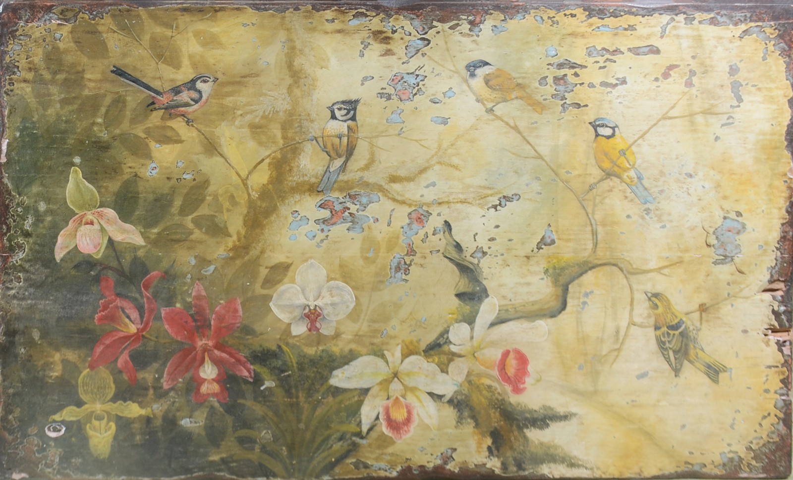 Duas peças, sendo: fragmento de madeira com pintura de pássaros e... - foto 7 de 11