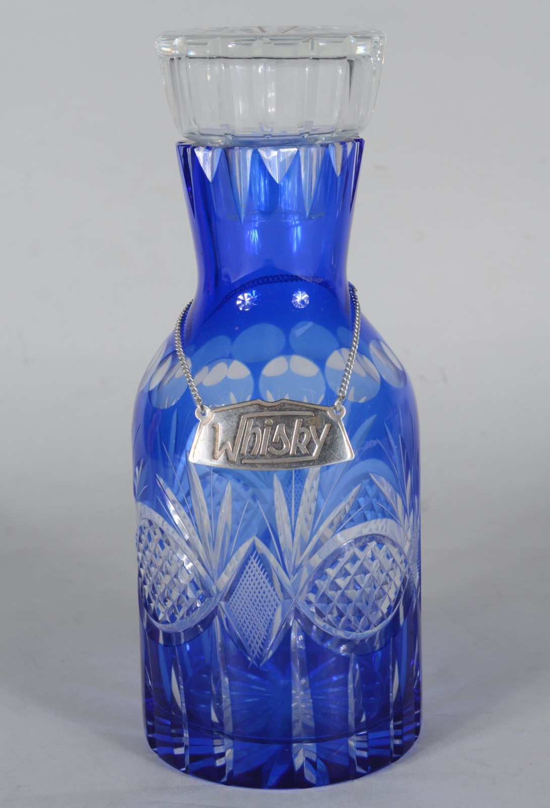 Garrafa de cristal doublé azul lapidada, placa para bebida de metal... - foto 1 de 8