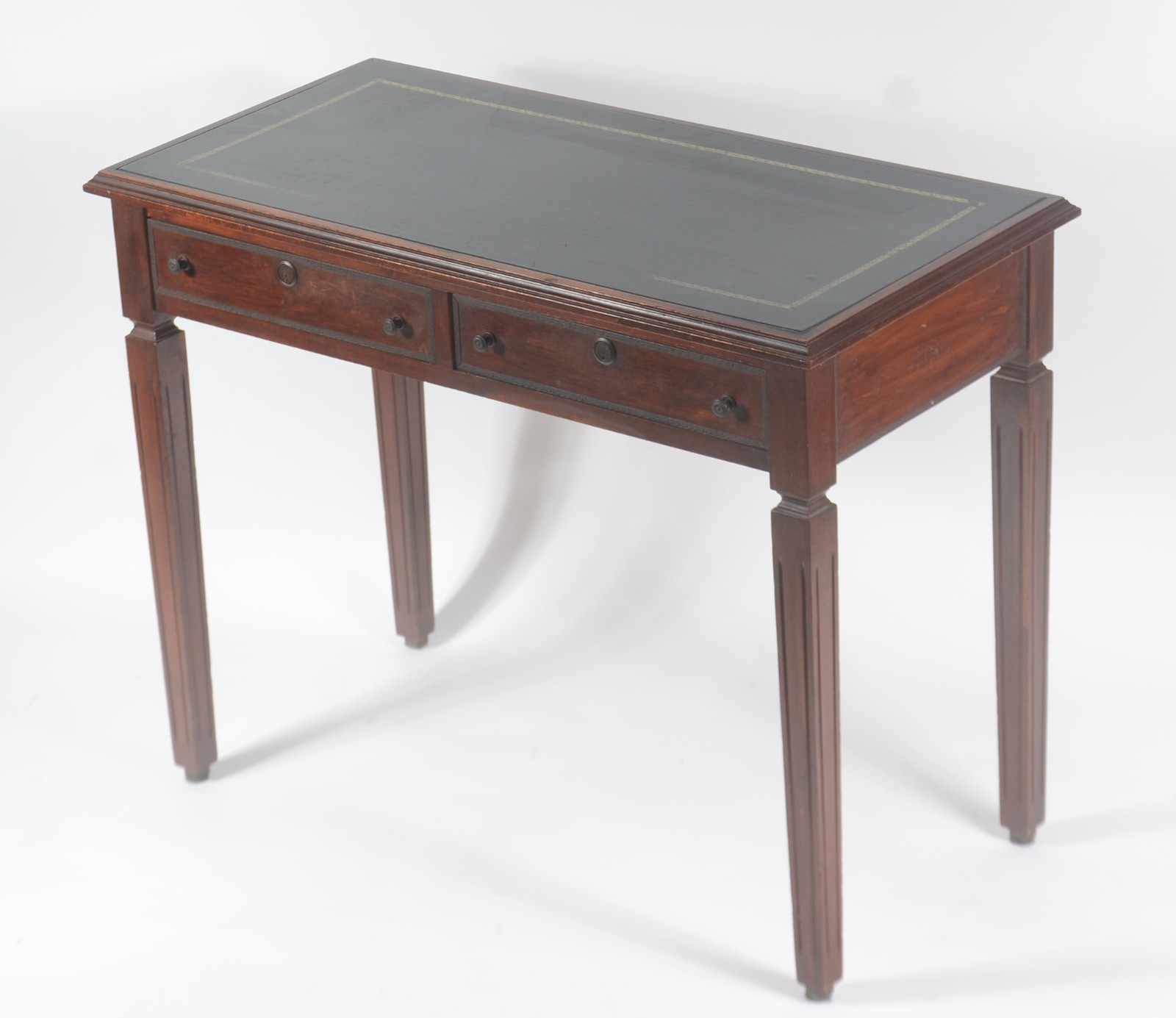 Mesa de escritório de madeira nobre, 2 gavetas, tampo de couro verde... - foto 3 de 8