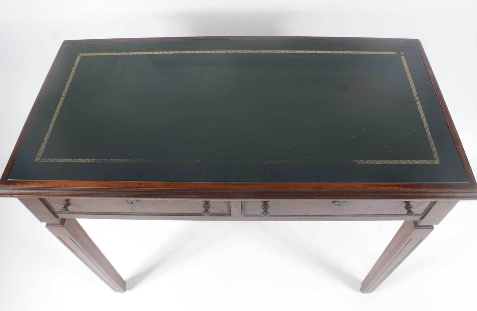 Mesa de escritório de madeira nobre, 2 gavetas, tampo de couro verde... - foto 5 de 8
