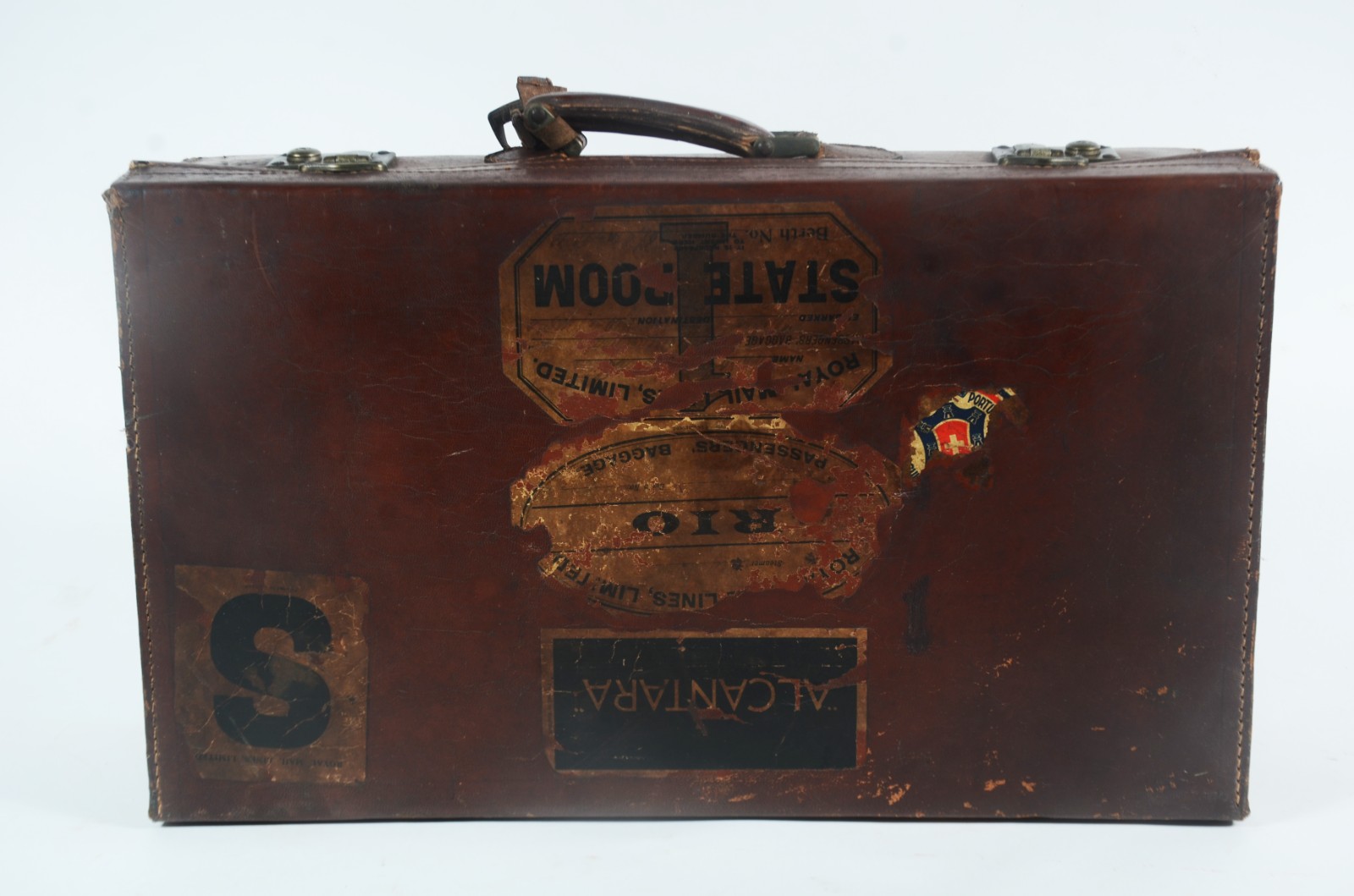 Antiga mala de viagem de couro marrom, usada atualmente como objeto... - foto 2 de 11