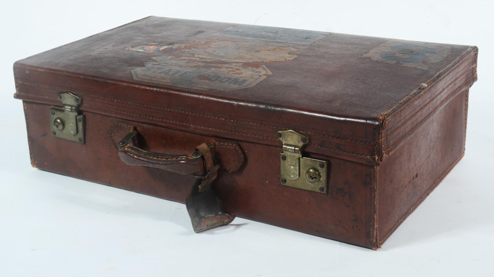 Antiga mala de viagem de couro marrom, usada atualmente como objeto... - foto 7 de 11