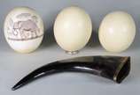Diversas peças, sendo: 3 ovos de Avestruz (um d... - Diversas peças, sendo: 3 ovos de Avestruz (um deles com pintura de elefante),  e chifre animal.