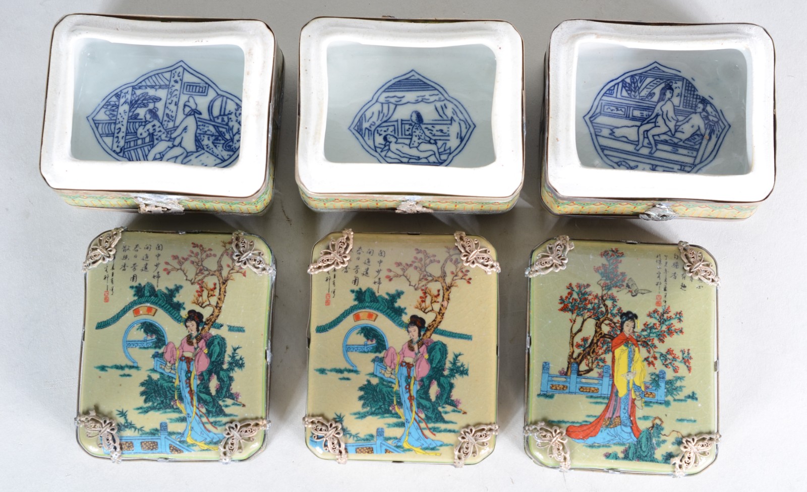 Três porta anéis de porcelana oriental, tampas decoradas com gueixas... - foto 4 de 9
