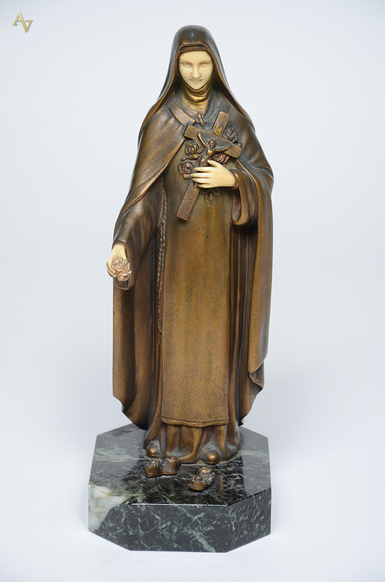 SANTA RITA DE CÁSSIA - Imagem em bronze e marfim com base de mármore... - foto 1 de 3