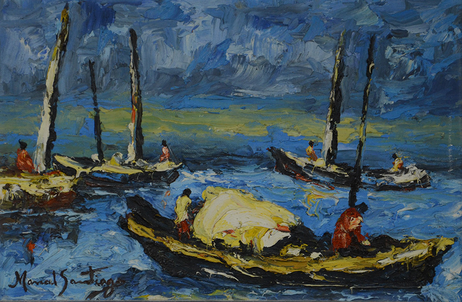 MANOEL SANTIAGO (1897 - 1987) - Barcos e figuras - ose - 24 x 37... - foto 2 de 2
