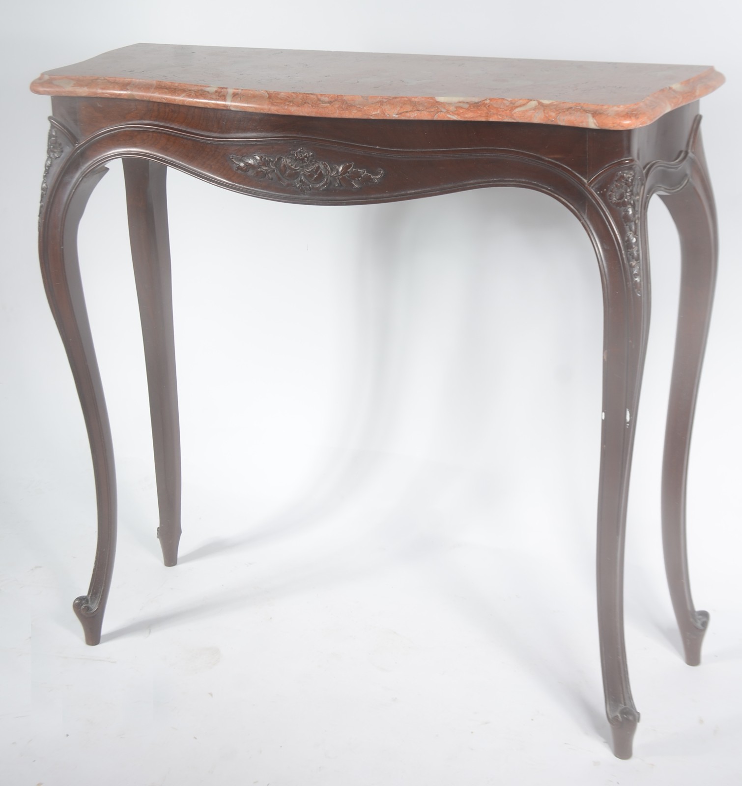 Console de madeira nobre, estilo Luis XV, tampo de mármore rosa. - foto 1 de 8