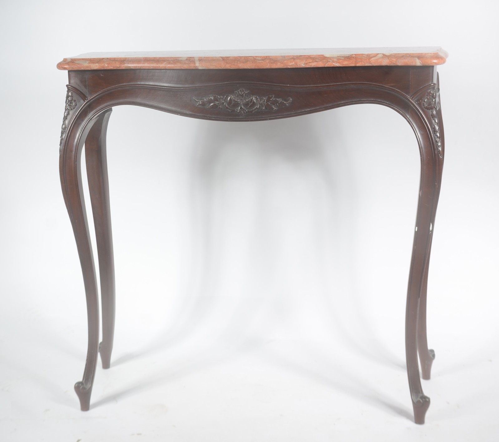 Console de madeira nobre, estilo Luis XV, tampo de mármore rosa. - foto 2 de 8
