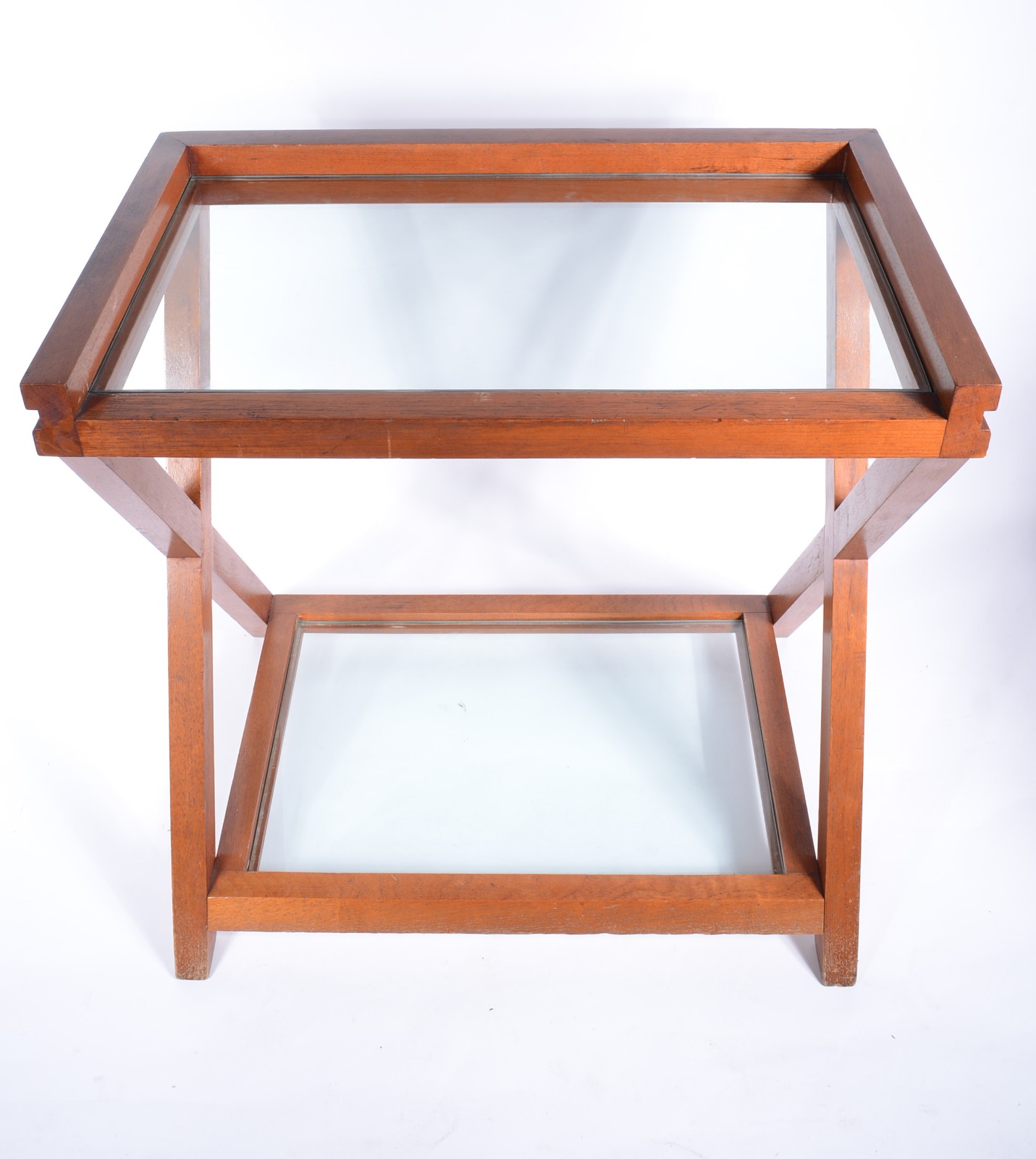 Mesa/bar de madeira nobre com 2 platôs de vidro, base na forma de... - foto 3 de 7