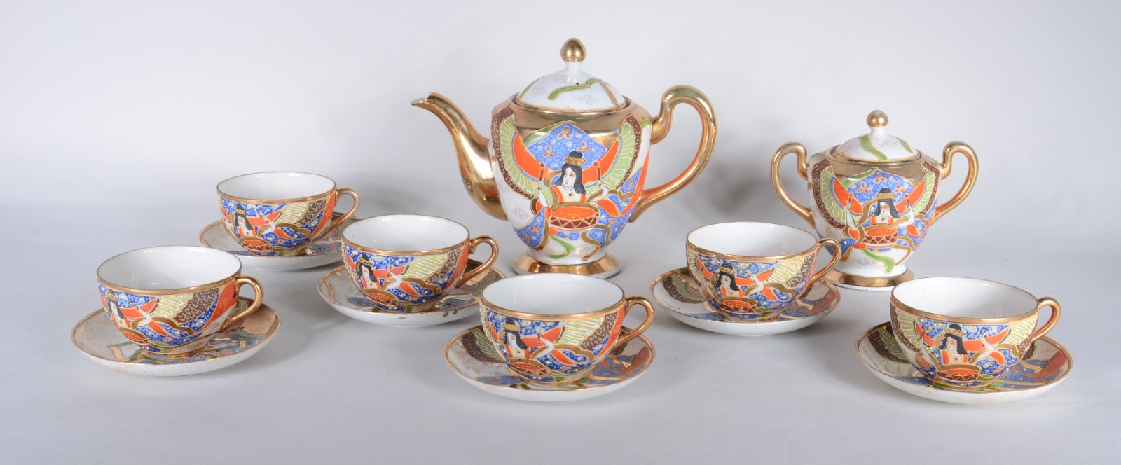 Serviço de chá de porcelana japonesa G.M., decorada com gueixas em... - foto 1 de 8