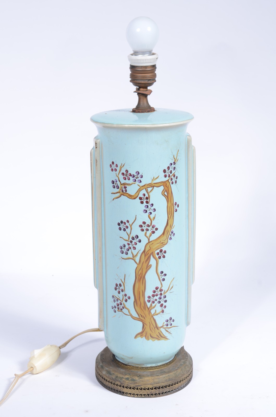 Abatjour de faiança com pintural floral sobre fundo azul. Base de... - foto 1 de 5