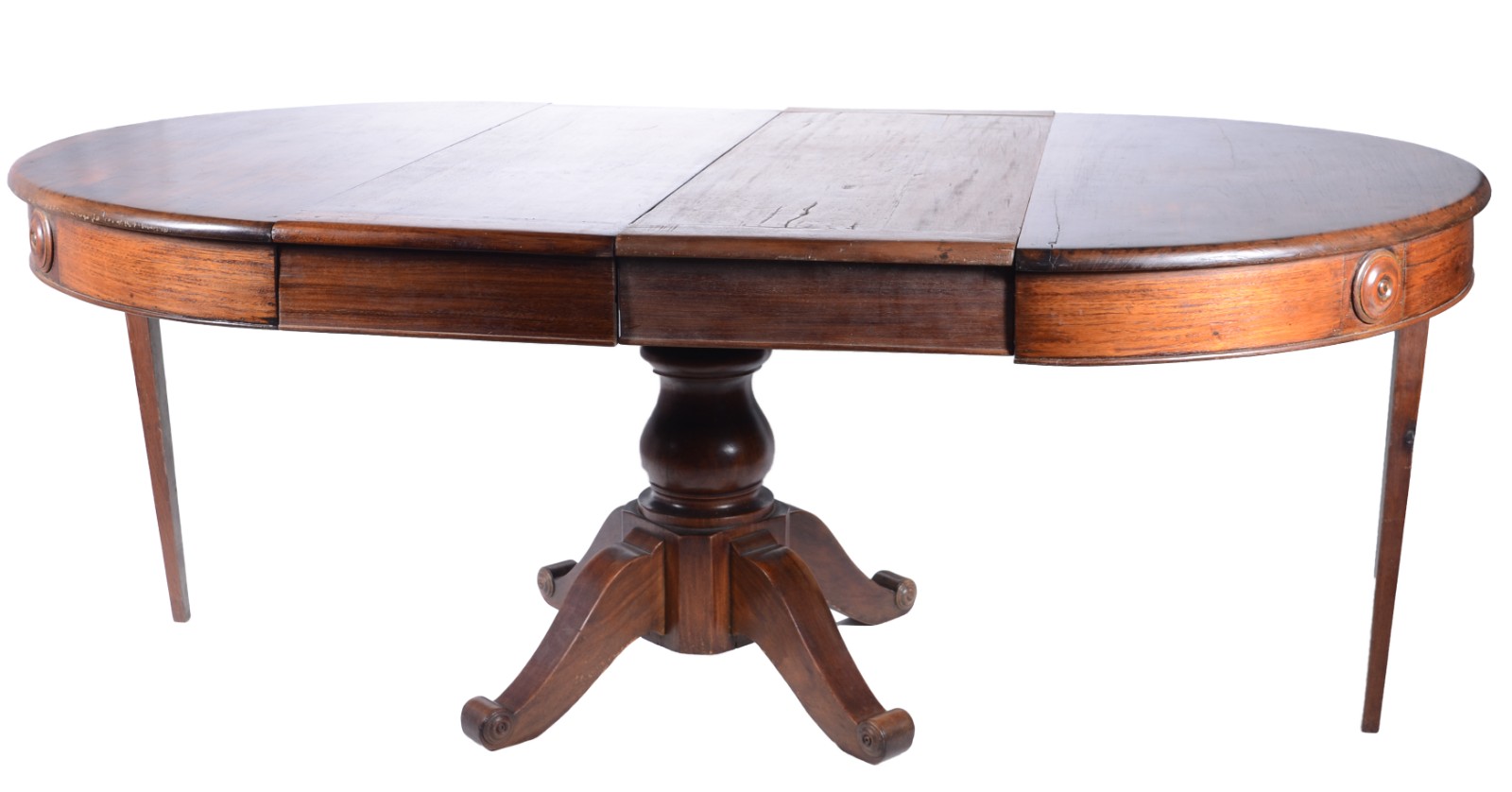 Mesa de jantar de madeira nobre, tampo redondo com duas tábulas... - foto 2 de 10