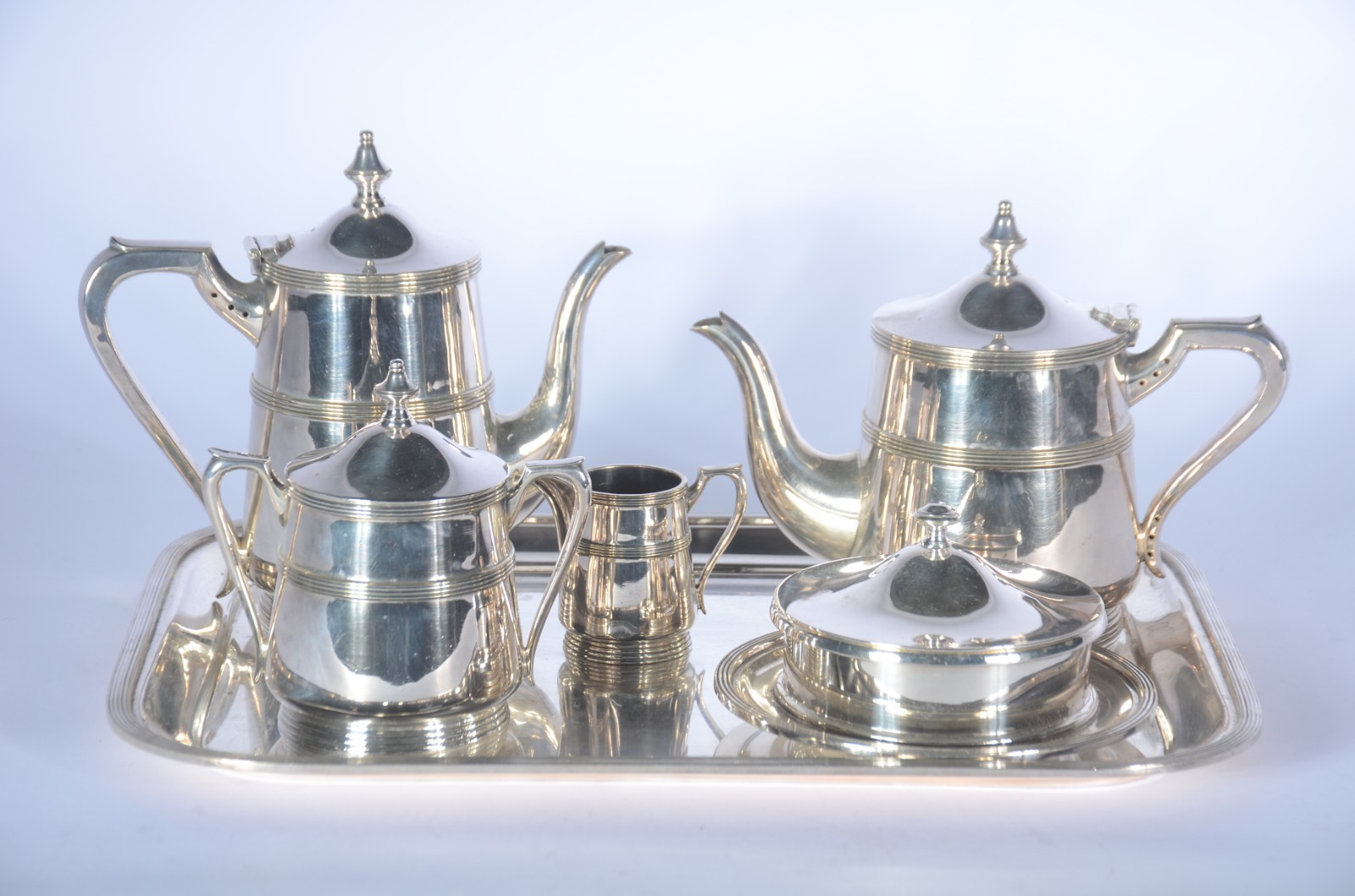 Baixela para chá e café de metal prateado Sheffield com 6 peças... - foto 1 de 9