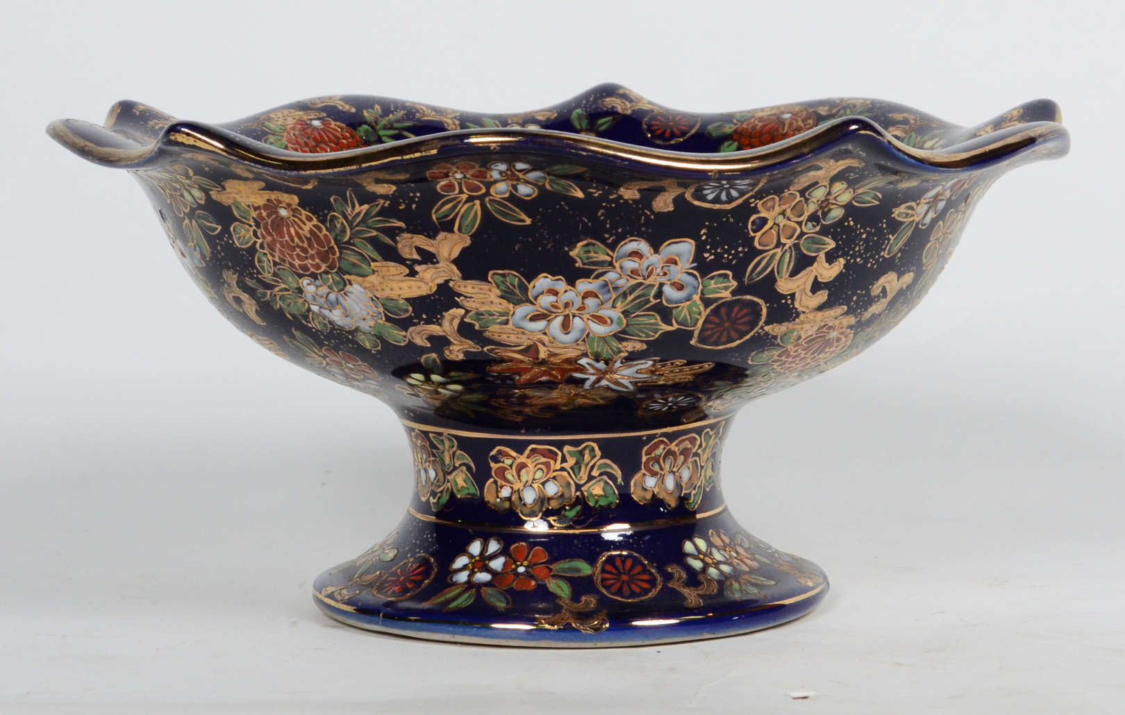 Fruteira de porcelana chinesa, fundo azul cobalto com flores em... - foto 2 de 3