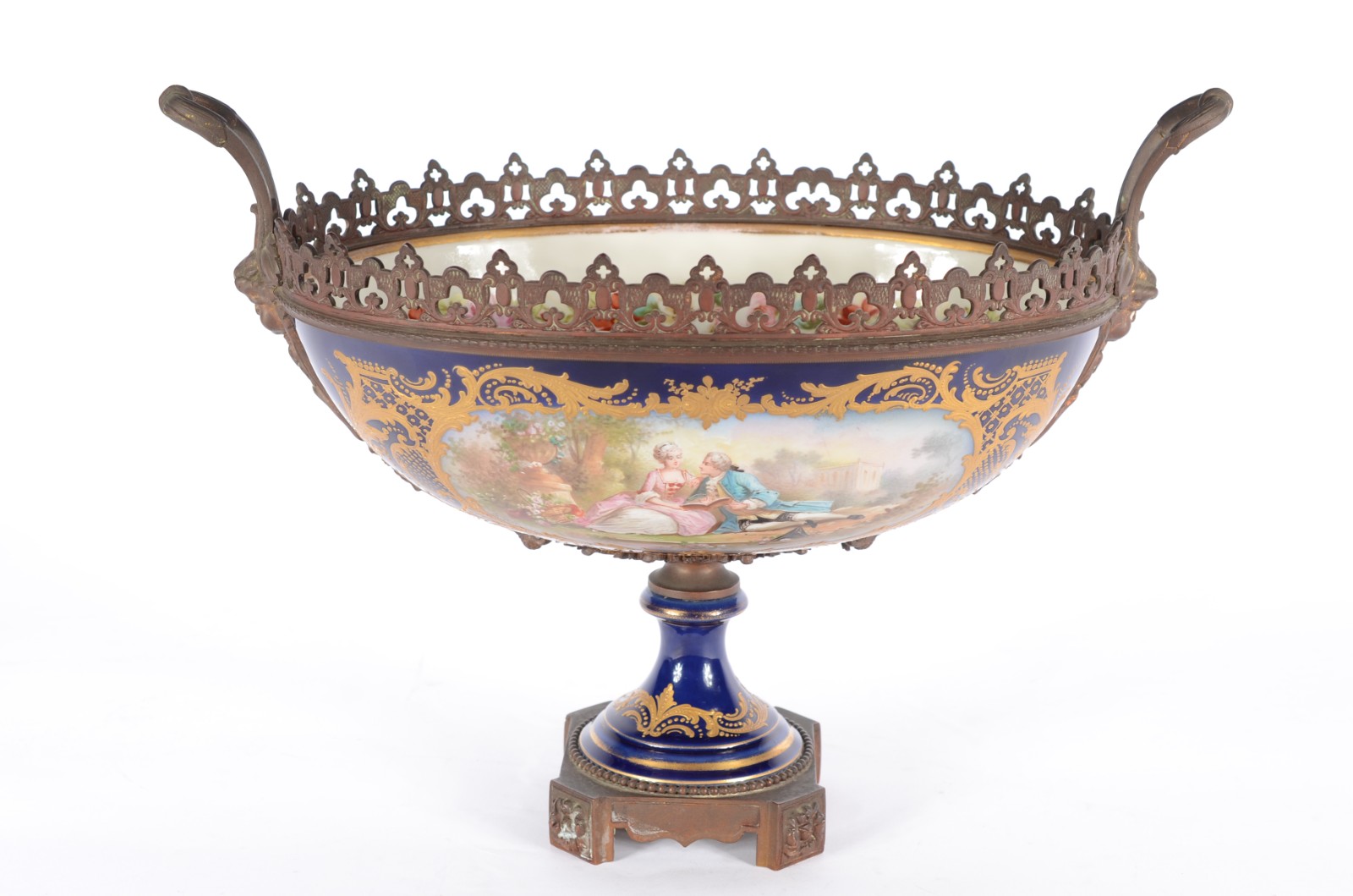 Elegante fruteira de porcelana francesa azul cobalto com cena... - foto 1 de 11