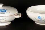 Rosenthal (1907),  - Aparelho de jantar de porcelana alemã Rosenthal, na cor bege decorado com flores azuis, composto de: 12 pratos rasos (um com restauro), 12 pratos fund