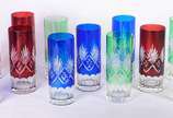 Conjunto com 12 copos para long drink de crista... - Conjunto com 12 copos para long drink de cristal doublé lapidado, nas cores rubi, azul e verde.