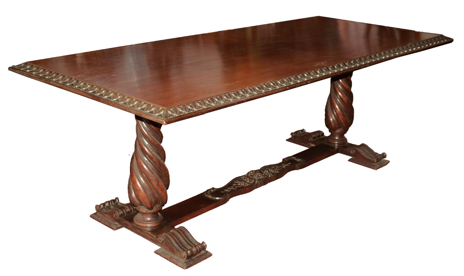 Mesa de jantar de madeira nobre, tampo apoiado em 2 colunas torneadas... - foto 1 de 6