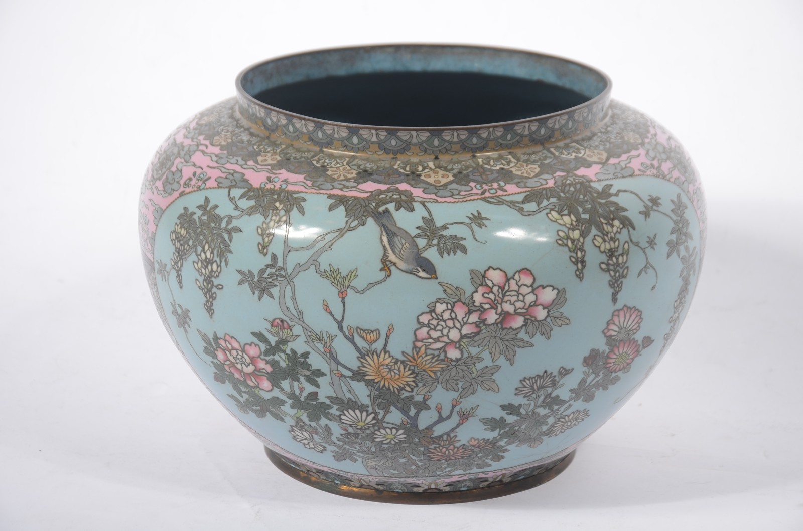 Antigo cachepot de cloisoné oriental decorado em reservas com flores... - foto 4 de 7