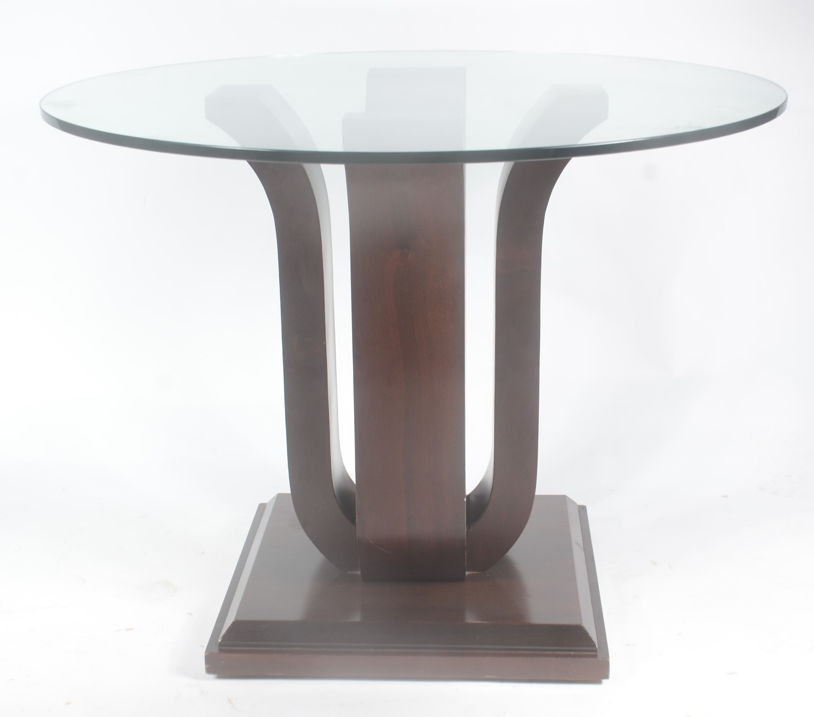 Mesa com base de madeira , tampo redondo de cristal. Folheado da base... - foto 2 de 9