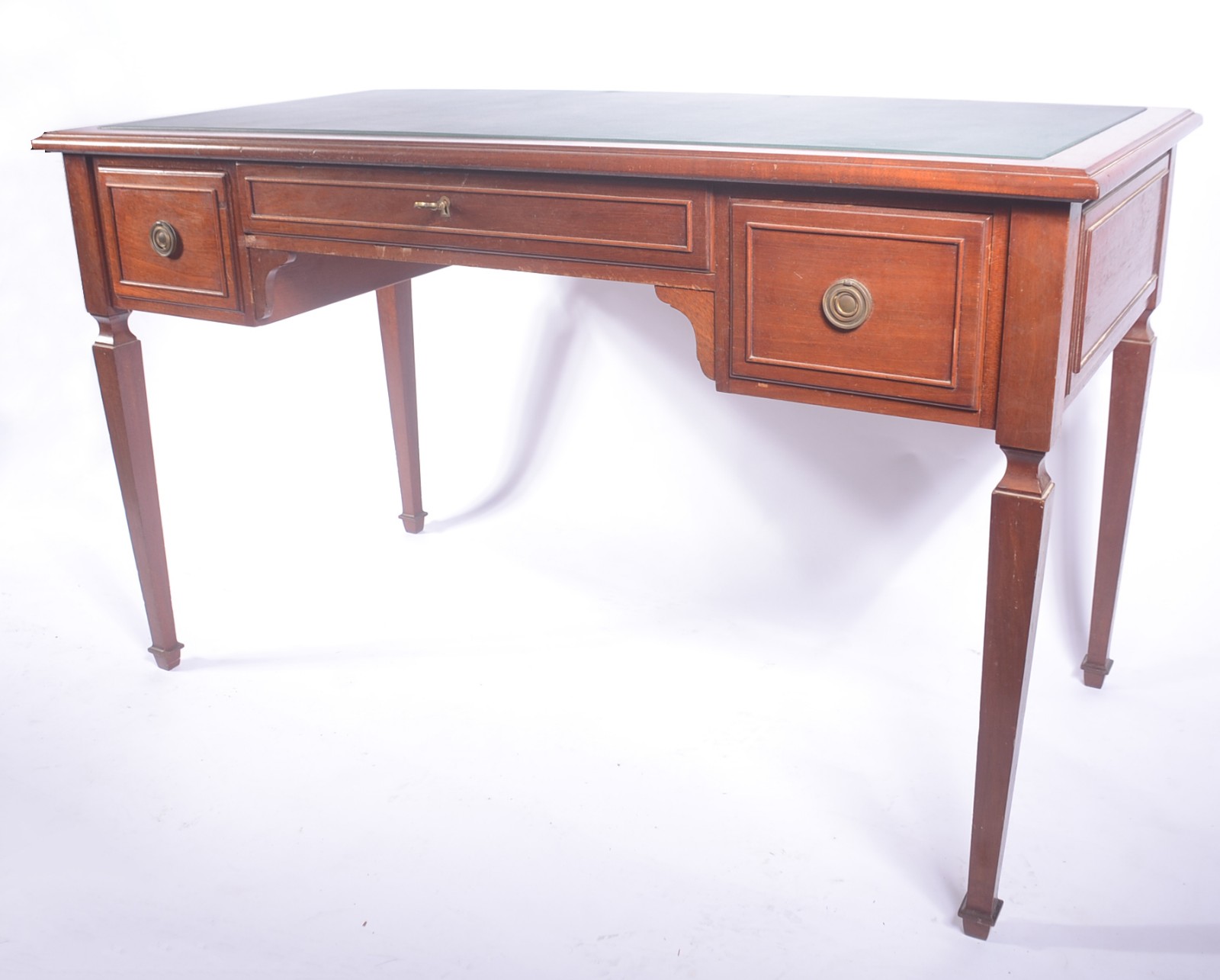 Mesa de escritório de madeira nobre, tampo em curvim verde com 3... - foto 1 de 8