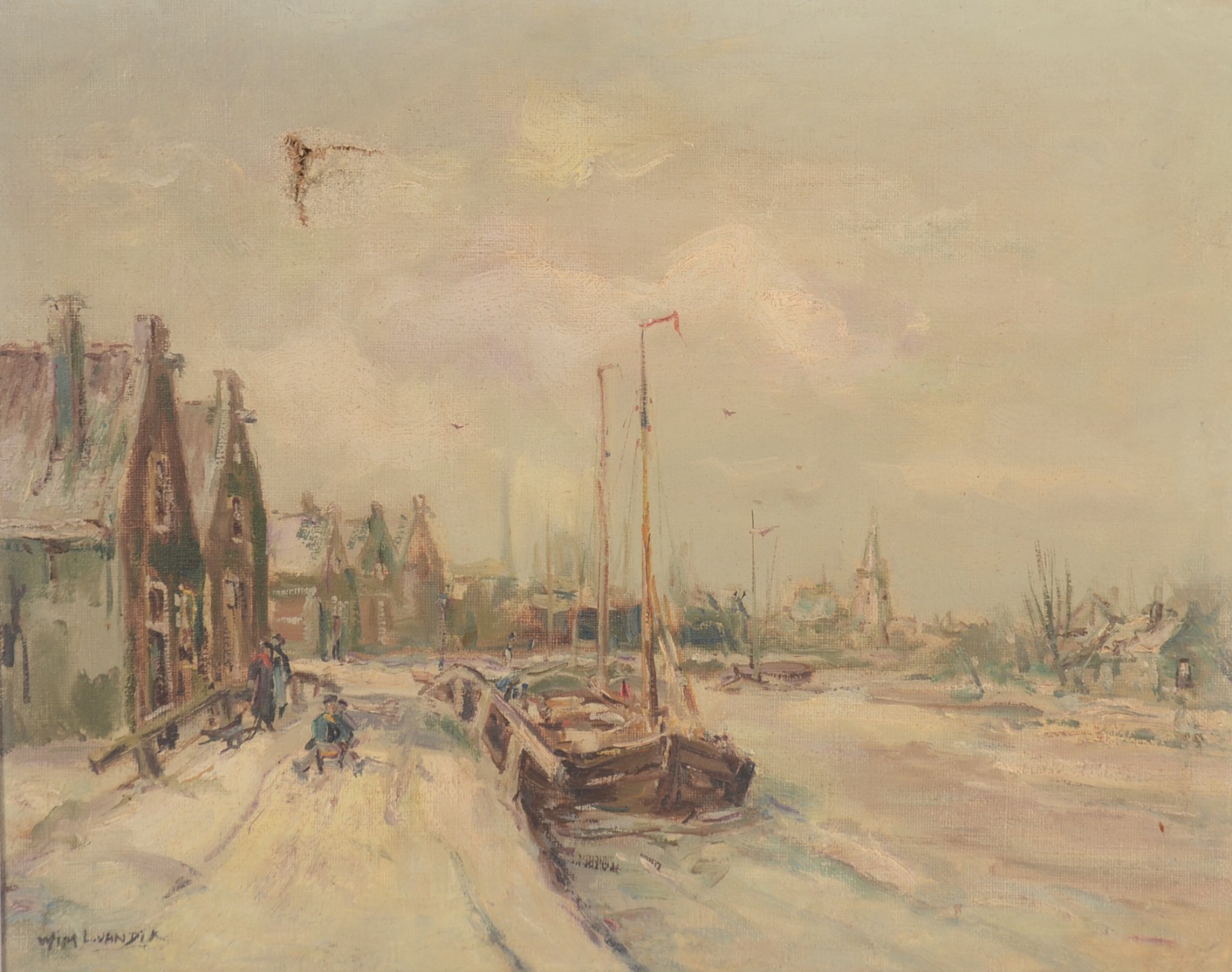 Win Van Dijk (1915-1990), Inverno no Pequeno Porto de Delft - Holanda - foto 1 de 7