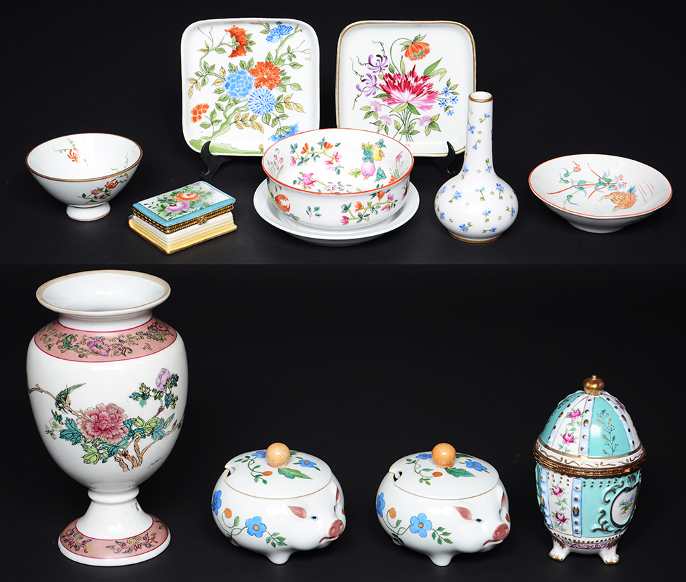 Dez peças diversas de porcelana, sendo par de molheiras na forma de...