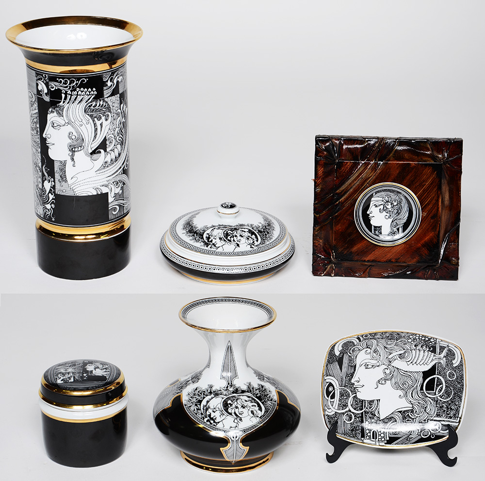 Conjunto com 6 peças, sendo dois vasos (alturas 15 cm e 30 cm), porta...
