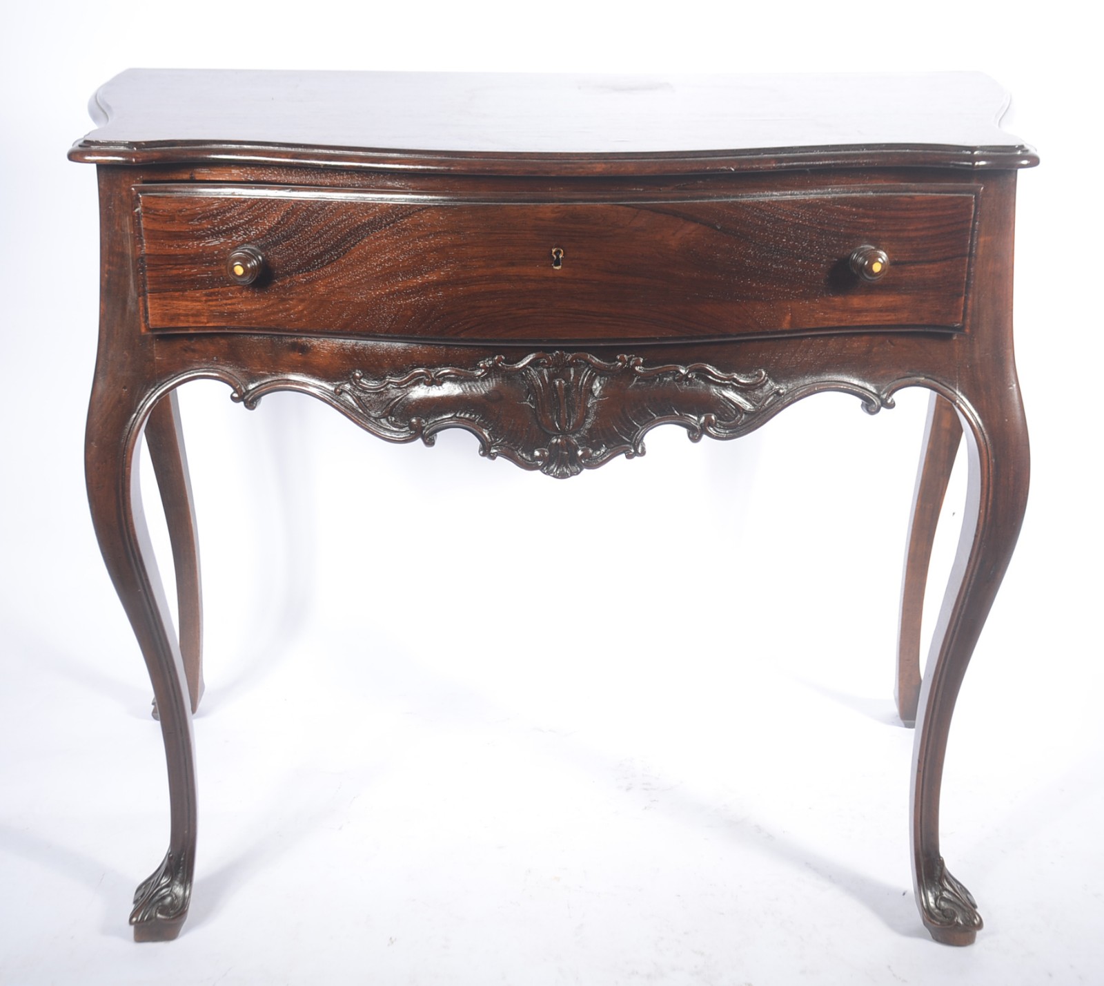 Mesa de encostar de madeira nobre, estilo Dom José, uma gaveta, saia... - foto 2 de 6
