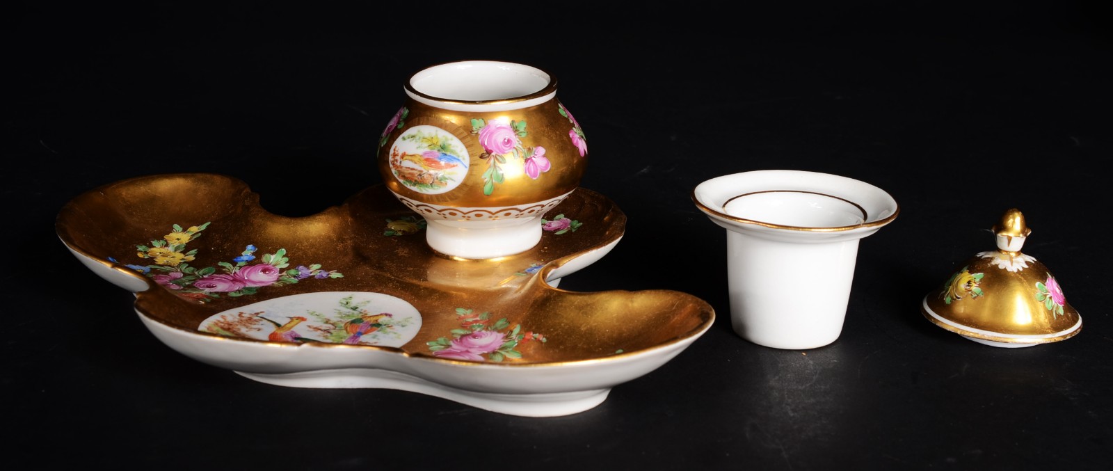 Tinteiro de porcelana alemã de Dresden decorado com flores e faisões... - foto 4 de 11