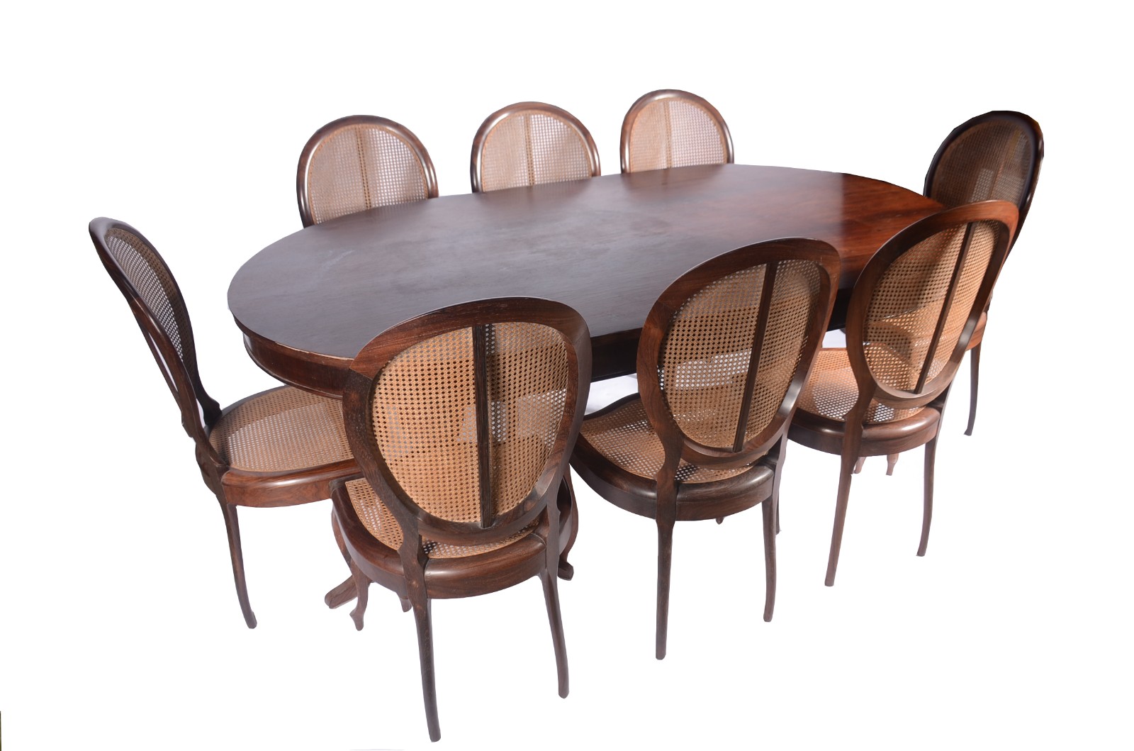 Mesa de jantar de madeira nobre feitio oval, base em duplo balaústre... - foto 1 de 11