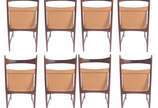 Sérgio Rodrigues (1927-2014),  - Oito cadeiras "Cantú" alta para sala de jantar, estrutura em jacarandá maciço e torneado, assentos e encostos em couro na cor caramelo.