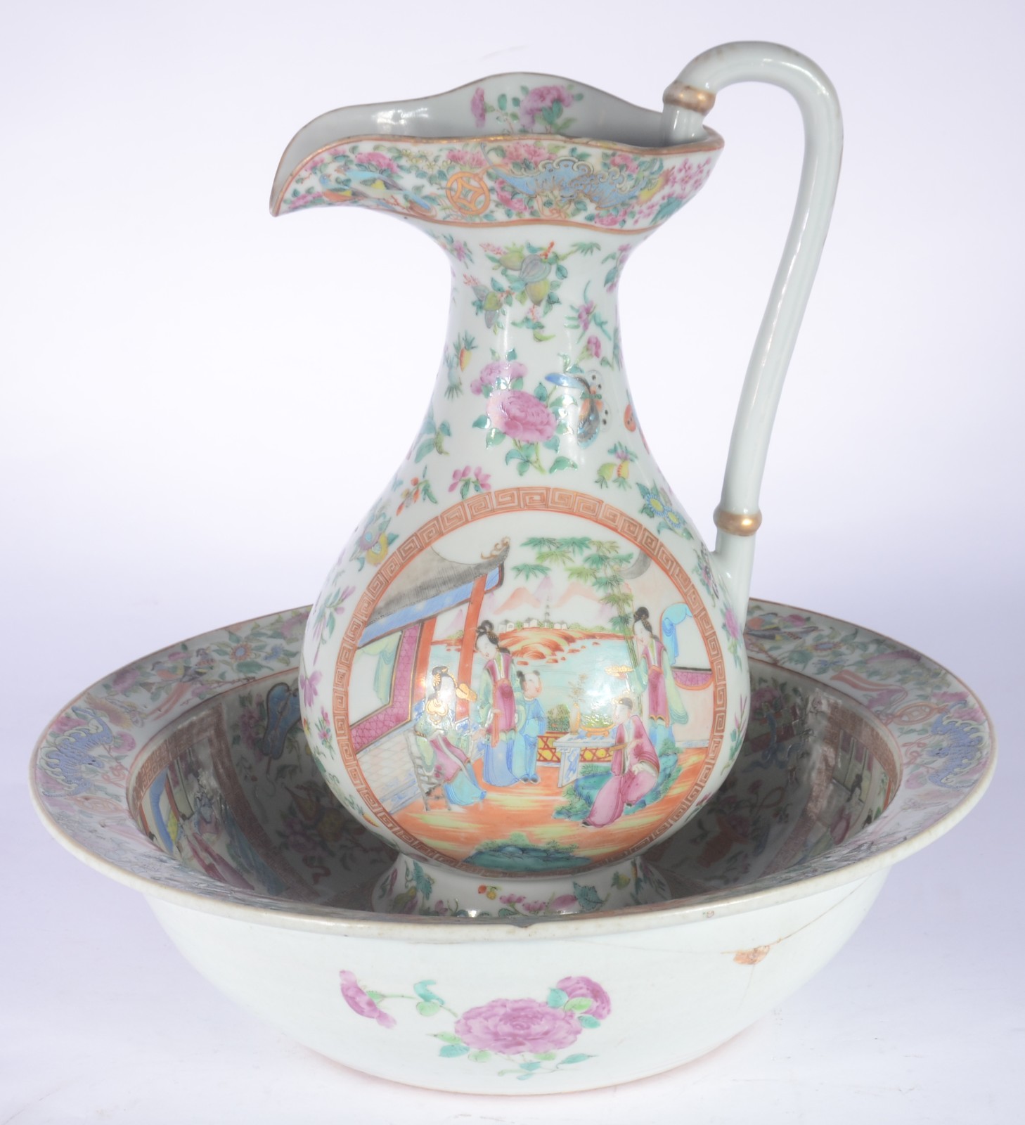 Gomil com bacia de porcelana chinesa da família verde, medalhão com... - foto 1 de 11