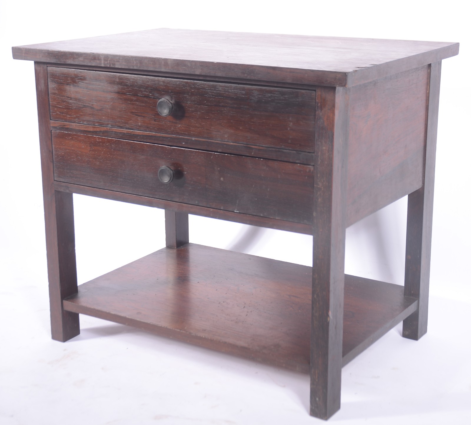 Mesa lateral de madeira nobre com 2 gavetas, pernas retas ligadas por... - foto 1 de 6