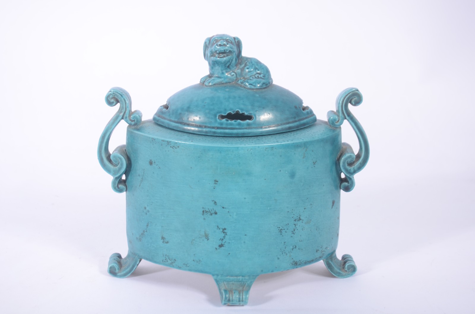 Porta incenso de porcelana chinesa azul turquesa com cão de fó na... - foto 1 de 5
