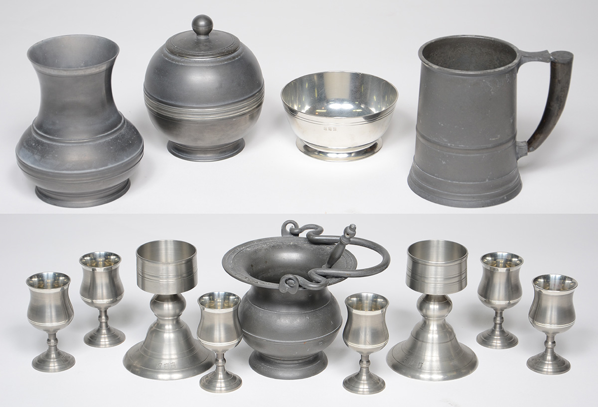 Diversas peças de estanho, sendo par de castiçais, 6 cálices, bowl...