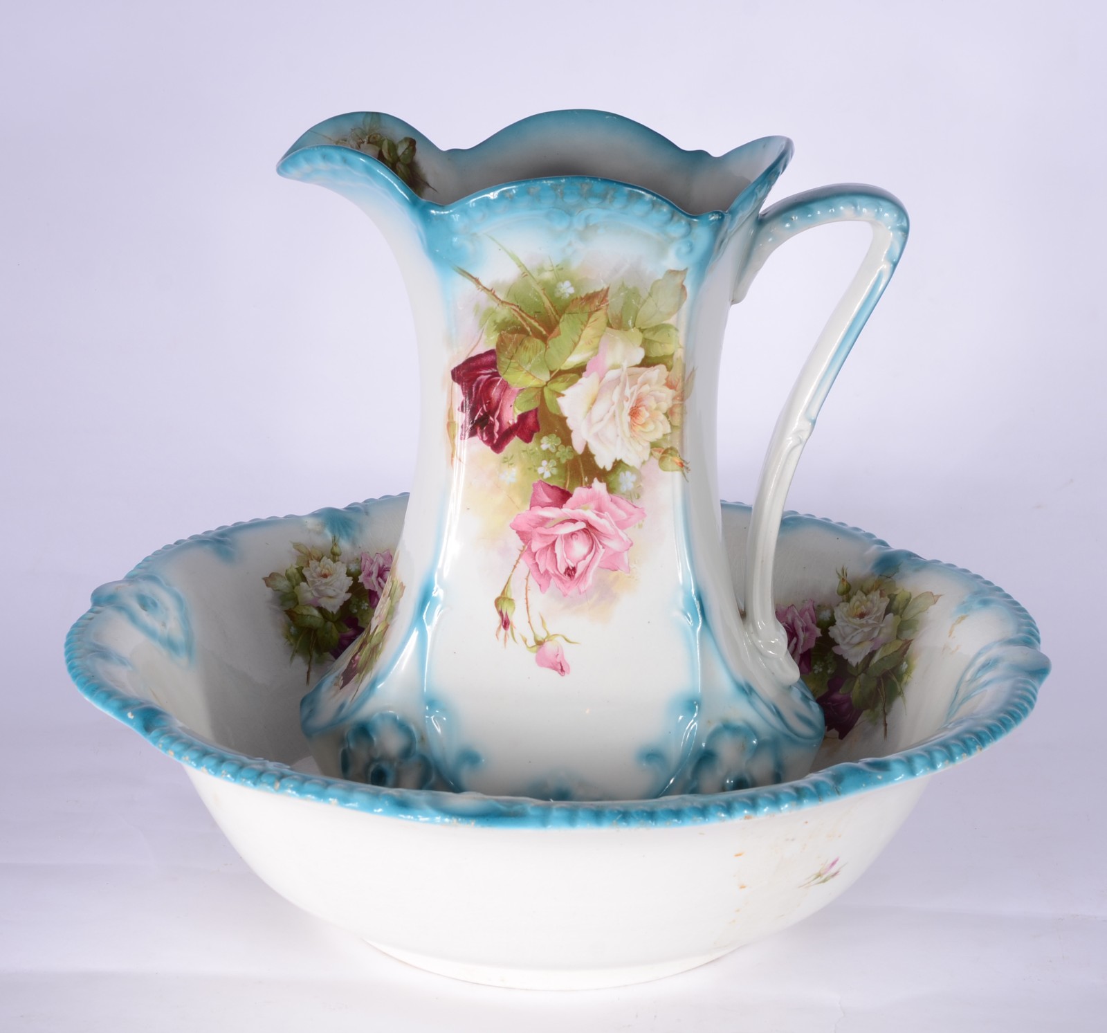 Jarra com bacia de faiança inglesa J&G Meakin "Sol", decoração floral... - foto 1 de 9