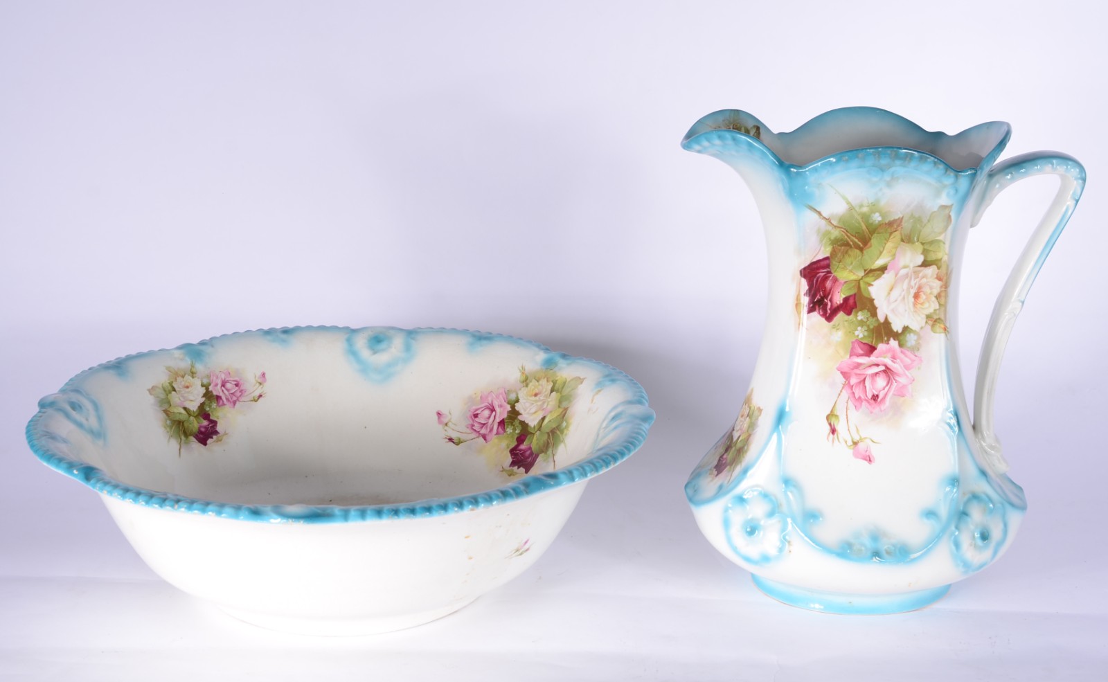 Jarra com bacia de faiança inglesa J&G Meakin "Sol", decoração floral... - foto 2 de 9