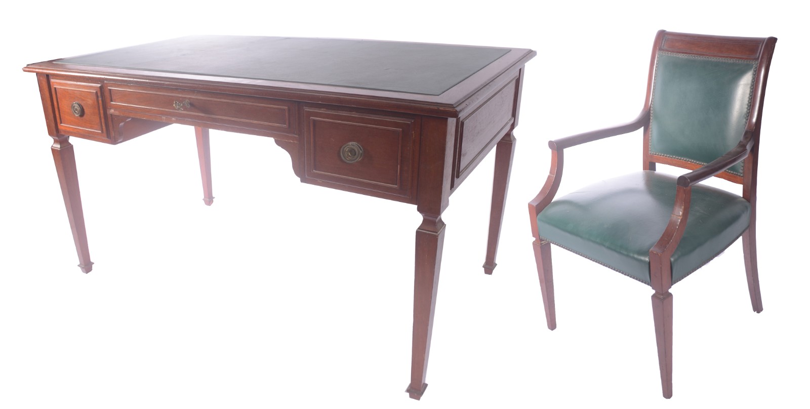 Mesa de escritório de madeira nobre, tampo em curvim verde com 3... - foto 1 de 7