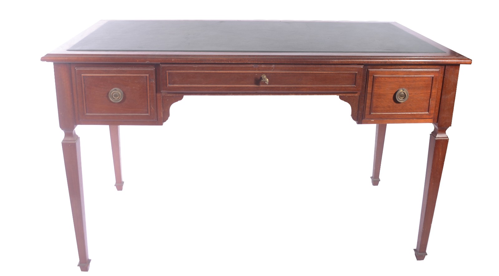 Mesa de escritório de madeira nobre, tampo em curvim verde com 3... - foto 2 de 7