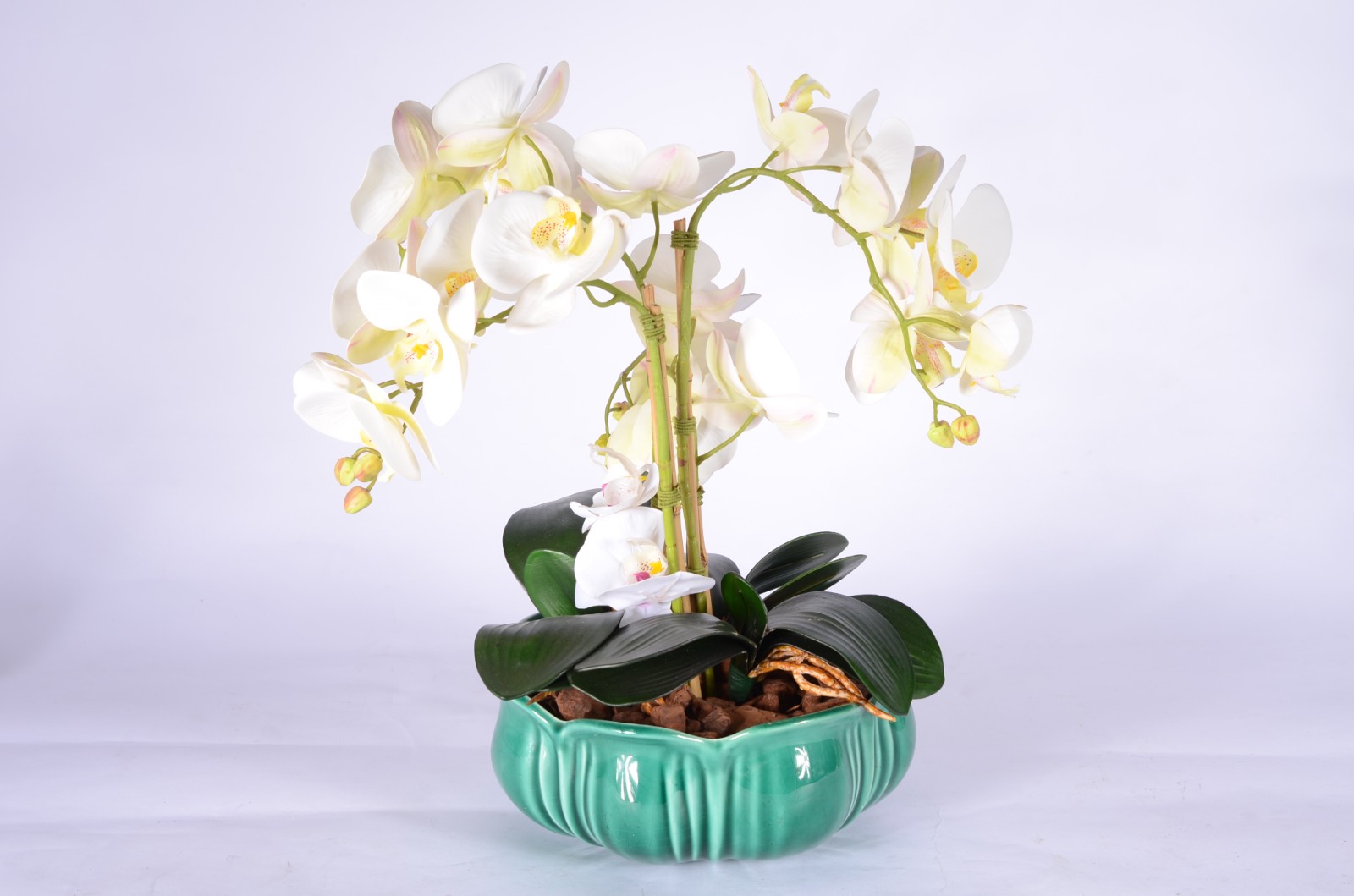 Cachepot de faiança belga com composição de orquídeas permanentes. - foto 1 de 4